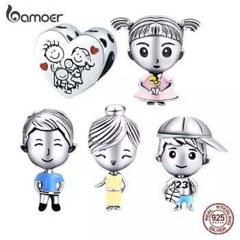 BAMOER Аутентичный 925 пробы серебро Любовь Семья Милая девочка мальчик папа мама шарм из бусин подходят оригинальный браслет ювелирные изделия A
