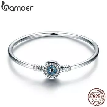 BAMOER Аутентичный браслет и браслет из стерлингового серебра 925 пробы с голубыми глазами и прозрачным цирконием в форме змеи и сердца 17CM серебряный
