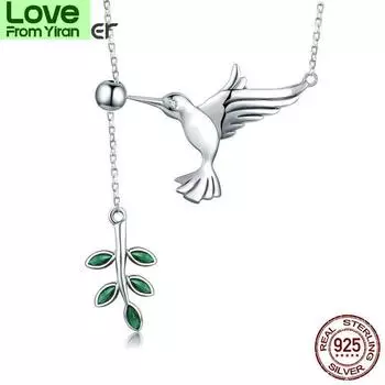 Bamoer Authentic 925 Sterling Silver Spring Bird &Tree Leaf Leaves Dangle Pendant Necklace For Women Silver Jewelry Scn217