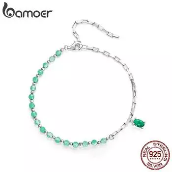 BAMOER браслет из стерлингового серебра 925 пробы с кристаллами и зелеными бусинами, нежное квадратное звено для женщин, ювелирные изделия на день рождения, подарок на День святого Валентина 925 silver