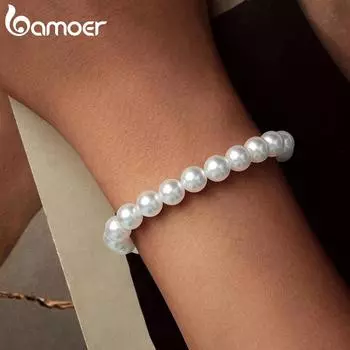 BAMOER White Pearl Bracelets for Women, 925 Silver Adjustable Clasp Chain Faux Pearl Beaded Bracelets Bridal Wedding Jewelry 16+6cm белый