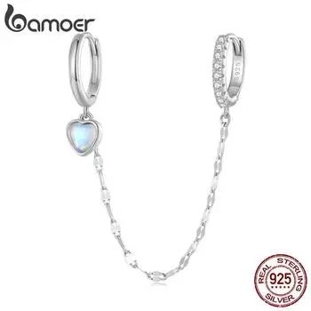 BAMOER, цельное серебро 925 пробы, сердце, лунный камень, двойные круги, пряжка для ушей, длинные серьги-кольца с кисточками для женщин, подарок на день рождения 925 silver
