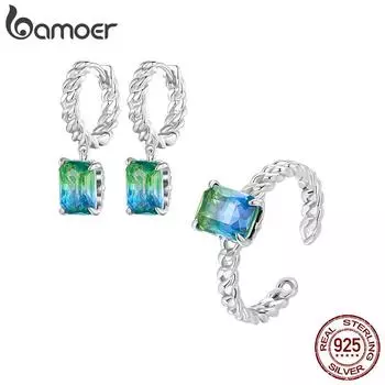 BAMOER, цепочка из стерлингового серебра 925 пробы, синий и зеленый турмалин, регулируемое кольцо и серьги-кольца для женщин, вечерние комплект ювелирных изделий, подарок 925 silver