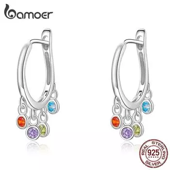 BAMOER цветные погремушки пряжки для ушей из стерлингового серебра 925 пробы с радужным цирконием кулон серьги-подвески для женщин с покрытием платиновые украшения 925 silver