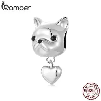 BAMOER Dainty из стерлингового серебра 925 пробы с бульдогом и подвеской в форме сердца, подвеска в виде щенка для женщин, подходит для оригинального браслета SCC2767