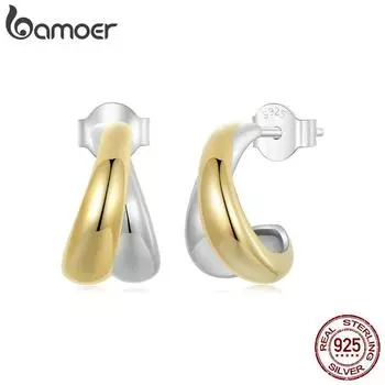 BAMOER, двухцветные серьги-кольца из стерлингового серебра 925 пробы, двухцветные витые серьги-кольца для женщин, вечерние ювелирные украшения BSE951 золотой