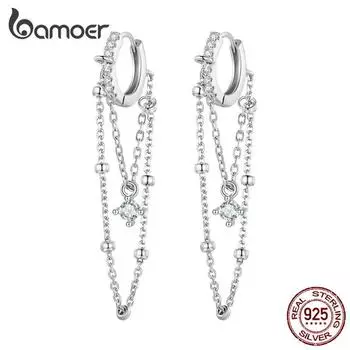 BAMOER, двухслойные серьги из стерлингового серебра 925 пробы с длинными кисточками, пряжки для ушей, циркониевый кулон, серьги-кольца для женщин, изысканные ювелирные изделия, подарок 925 silver