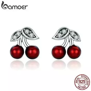 BAMOER Fashion Летние серьги-гвоздики из стерлингового серебра 925 пробы с вишнево-красной эмалью и CZ SCE404