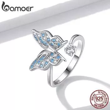 Bamoer Flying Butterfly Стерлинговое серебро 925 пробы Открытые регулируемые кольца на палец Синий CZ Обручальные украшения Ring