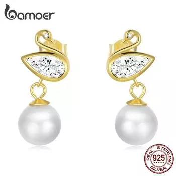 BAMOER Geniune из стерлингового серебра 925 пробы, изысканные сияющие лебеди и ракушки с жемчугом, подвесные серьги для женщин, корейские ювелирные изделия, подарок на вечеринку 925 silver