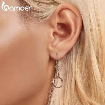 Bamoer Гипоаллергенные круглые серьги-кольца из стерлингового серебра 925 пробы, танцующие сверкающие серьги-гвоздики для женщин 3.8*1.2cm серебряный