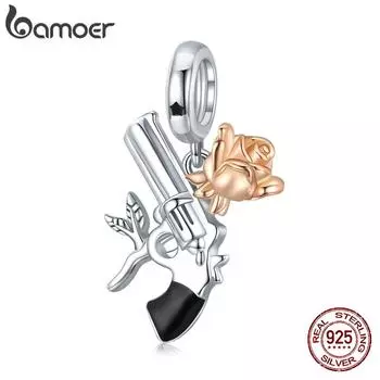 BAMOER Готический Стерлингового Серебра 925 пробы Роза и Пистолет Ковбойский Шарм Подвеска для браслета Женские Ювелирные Изделия DIY 925 silver