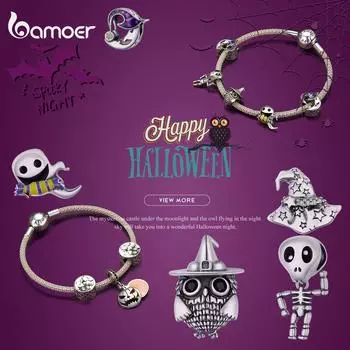 Bamoer Happy Halloween Series Призрачный замок Сова Череп Человек Злая Луна Тыква Шляпа ведьмы Шарм из бисера Fit оригинальный браслет Ювелирные изделия из стерлингового серебра 925 пробы C