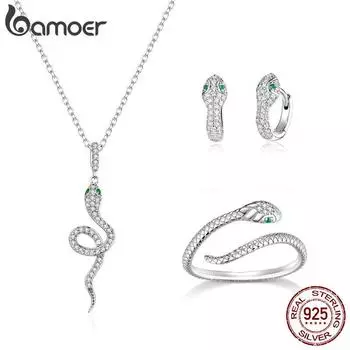 Bamoer из натурального стерлингового серебра 925 пробы, прозрачный CZ, ювелирный костюм в виде змеи, открытый регулируемый палец, кольцо, обруч, серьга, сердце, кулон, ожерелье для женщин, ювелирные изделия 925 silver