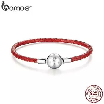 BAMOER из натурального стерлингового серебра 925 пробы, красная кожаная веревка, браслет-подвеска, подходит для ювелирных изделий из бисера 17