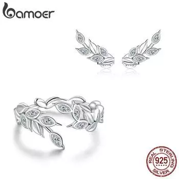 Bamoer из натурального стерлингового серебра 925 пробы, блестящие колосья пшеницы, кольцо и серьги-гвоздики для женщин, комплекты ювелирных изделий, свадебный дизайн 925 silver