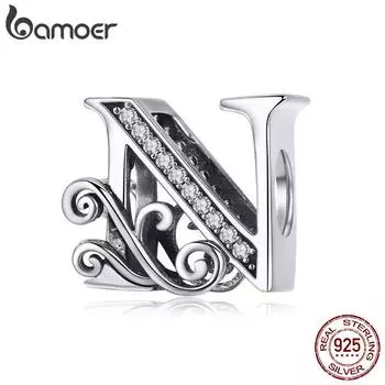 BAMOER из натурального стерлингового серебра 925 пробы, буква N, бусины с алфавитом, подвески, подходят для браслетов и браслетов, сделай сам N