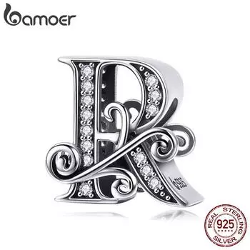 BAMOER из натурального стерлингового серебра 925 пробы, буква R, бусины с алфавитом, подвески, подходят для браслетов и браслетов, сделай сам R
