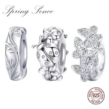 Bamoer из стерлингового серебра 925 пробы, божья коровка, цветок, нежная бабочка, силиконовые пробки, бусины, проставка в виде виноградных листьев, очаровательный оригинальный браслет C