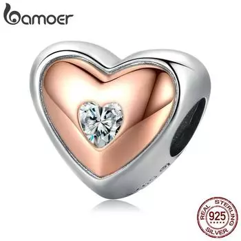 BAMOER из стерлингового серебра 925 пробы, два цвета, сердце, любовь, циркон, с покрытием из розового золота, подходят оригинальные подвески, браслеты «сделай сам», ювелирные изделия 925 silver