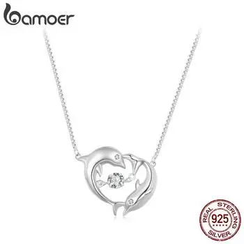 BAMOER из стерлингового серебра 925 пробы, двойное ожерелье с дельфинами, блестящая циркониевая цепочка на шею Love для женщин, ювелирные изделия 925 silver