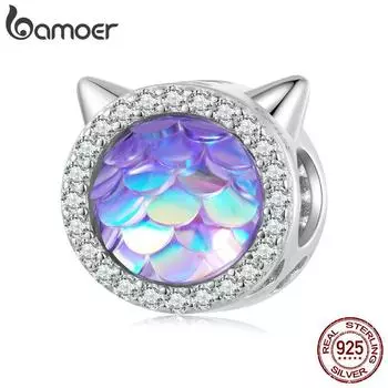 BAMOER из стерлингового серебра 925 пробы, фиолетовая смола, кошачья голова и рыбья чешуя, аксессуары из бисера, подвески для женщин, браслет и браслет 925 silver