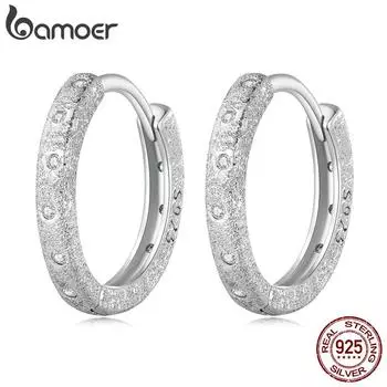 BAMOER из стерлингового серебра 925 пробы, геометрические блестящие пряжки для ушей, простые круглые серьги-кольца для женщин, минималистичные ювелирные изделия