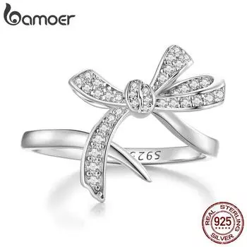 BAMOER из стерлингового серебра 925 пробы, изысканное кольцо с бантом, романтическое регулируемое кольцо с бантом для женщин, ювелирные изделия с кубическим цирконием