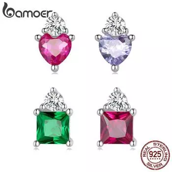 BAMOER из стерлингового серебра 925 пробы, изысканные мини-серьги-конфеты в форме сердца и CCube для женщин, сверкающие цветные цирконы, ювелирные изделия, подарок