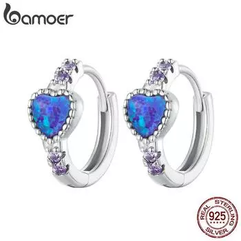 BAMOER из стерлингового серебра 925 пробы, изысканные зажимы для ушей в форме сердца с фиолетовым опалом для женщин, ювелирные изделия 925 silver