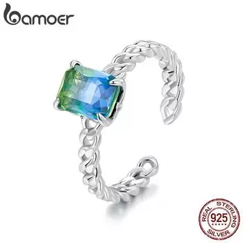 BAMOER из стерлингового серебра 925 пробы, кольцо с открывающейся цепочкой, синий и зеленый турмалин, регулируемое кольцо для женщин, вечерние ювелирные изделия, подарок 925 silver