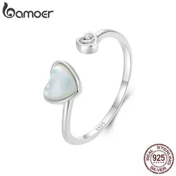 Bamoer из стерлингового серебра 925 пробы, кольцо с отверстием для любви, регулируемое кольцо с фианитом в виде сердца для женщин, ювелирные изделия на День святого Валентина, подарок BSR520-E