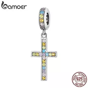 BAMOER из стерлингового серебра 925 пробы, красочный кулон в виде креста для женщин, оригинальный браслет в виде змеи или браслет с радужным крестом, подвески, ювелирные изделия 925 silver