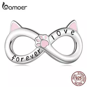 BAMOER из стерлингового серебра 925 пробы, милый розовый кот и бесконечный символ, бусина для женщин, браслет и браслет, ювелирные изделия своими руками 925 silver