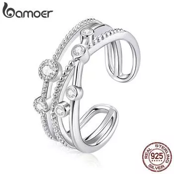BAMOER из стерлингового серебра 925 пробы, многослойное кольцо с блестящими звездами для женщин, регулируемое массивное кольцо 925 silver