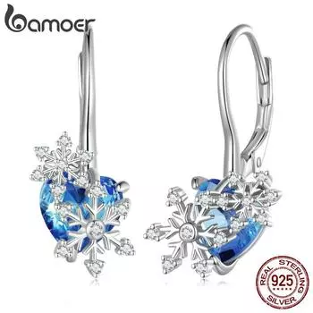 BAMOER из стерлингового серебра 925 пробы, нежные зажимы для ушей в виде снежинок, синий кристалл, пряжки для ушей в форме сердца для женщин, подарок на день рождения, изящные ювелирные изделия 925 silver синий/серебряный