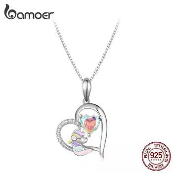 BAMOER из стерлингового серебра 925 пробы, нежный красочный циркон, кулон в форме сердца, ожерелье, эмалированная цепочка на шею с единорогом для женщин, ювелирные изделия