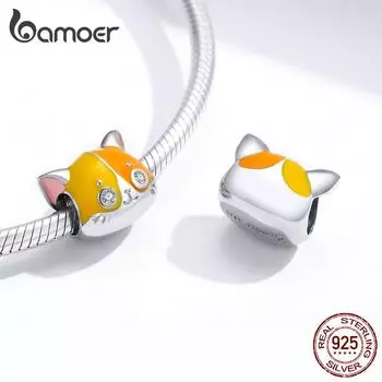 Bamoer из стерлингового серебра 925 пробы, очаровательная подвеска в виде кота, подходит для браслета в виде змеи, эмалированные бусины для изготовления ювелирных изделий 925 silver