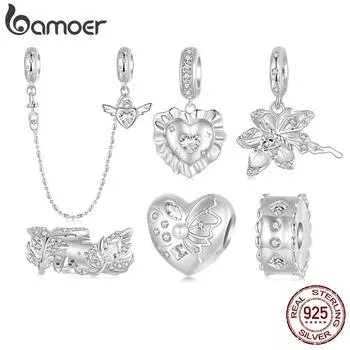 BAMOER из стерлингового серебра 925 пробы, подвески в форме сердца и солнца и луны, бусины с нано-опалом, подходят для европейских браслетов и ожерелий, ювелирных аксессуаров 21*18mm серебряный