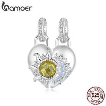 BAMOER из стерлингового серебра 925 пробы, подвески в форме сердца и солнца и луны, бусины с нано-опалом, подходят для европейских браслетов и ожерелий, ювелирных аксессуаров BSC1034