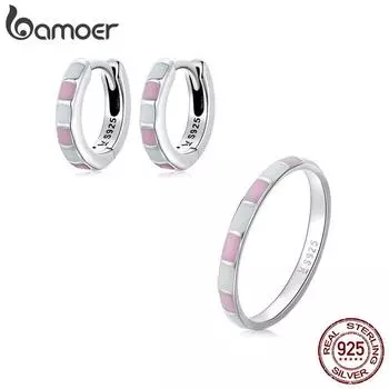 BAMOER из стерлингового серебра 925 пробы, простое светло-розовое и белое кольцо в клетку, размер 6, 7, 8, 9 для женщин, пряжки для ушей, комплект ювелирных украшений, свадебный подарок 6