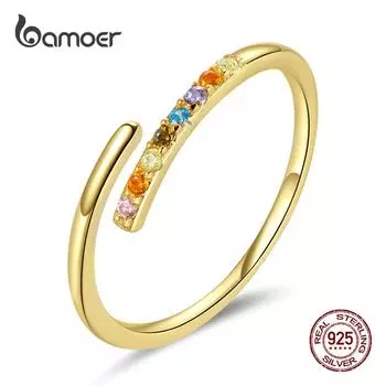 BAMOER из стерлингового серебра 925 пробы, простое стильное цветное позолоченное кольцо с цирконием для женщин, ювелирные изделия 925 silver