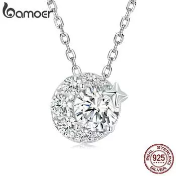 BAMOER из стерлингового серебра 925 пробы, простое изысканное ожерелье с подвеской в виде звезды и луны для женщин, яркие ювелирные изделия с цирконом