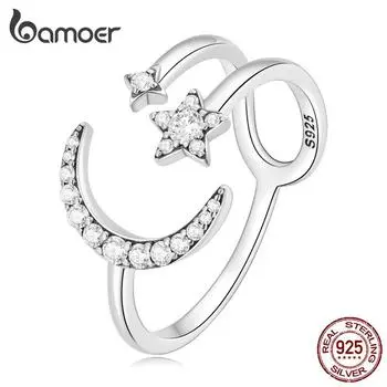 BAMOER из стерлингового серебра 925 пробы, регулируемое кольцо со звездами и луной, минималистичное открытое кольцо с цирконом для женщин, подарок на день рождения, ювелирные изделия 925 silver
