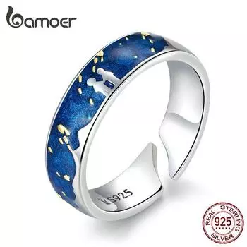 Bamoer из стерлингового серебра 925 пробы с метеоритным дождем, синие кольца для женщин, регулируемые кольца на палец Ring синий