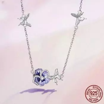 Bamoer из стерлингового серебра 925 пробы с фиолетовой эмалью и цветком анютины глазки, ожерелье, танцующая бабочка, регулируемая шейная цепочка для женщин BSN336