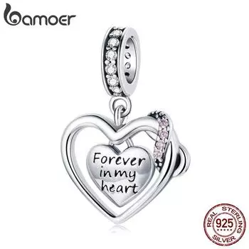 BAMOER из стерлингового серебра 925 пробы с кубическим цирконием Forever Love в форме сердца, яркий подвесной кулон, подходит для оригинального браслета 3 мм 925 silver