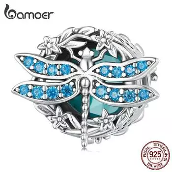 BAMOER из стерлингового серебра 925 пробы, синий циркон, бусина-гирлянда со стрекозой, подвески для женщин, оригинальный браслет и браслет, ювелирные изделия 925 silver