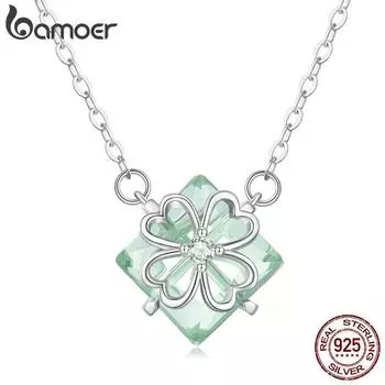 BAMOER из стерлингового серебра 925 пробы, светло-зеленый кулон с четырьмя листами клевера, ожерелье, цепочка на шею для женщин, модные изящные ювелирные изделия 925 silver