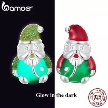 BAMOER из стерлингового серебра 925 пробы, светящиеся серьги-гвоздики с Санта-Клаусом для женщин, рождественские ювелирные изделия, подарок 925 silver